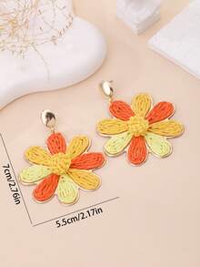 1 Pair Handmade Bohemian Style Raffia Flower Earrings, Retro Contrast Color Metal Earrings, Suitable For Beach, Party, Afternoon Tea, Daily Commute - Orange - View 3
