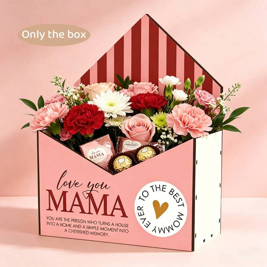 1 pieza Cesta de almacenamiento de madera para el Día de la Madre, caja de decoración festiva, grabada con 'Feliz Día de la Madre', decoración de escena festiva cálida, contenedor de almacenamiento de flores y regalos - Multicolor - Ver 1
