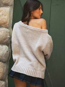 Women American Flag Off Shoulder Knit Sweater, Oversized Star Stripe Long Sleeve Loose Pullover, Patriotic Jumper For 4th Of July Daily Casual Wear - 淺灰色 - 查看 4