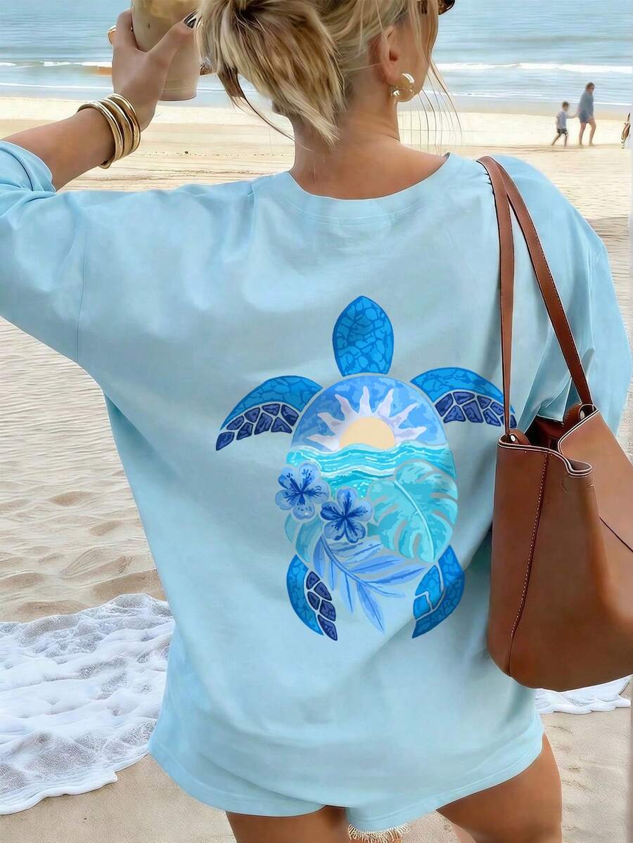 女款寬鬆休閒海龜與海洋印花圓領短袖T恤,度假上衣夏季款 - 淺藍色 - 查看 1