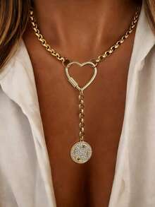 1pc Gold Heart Necklace With Full Rhinestone Round Pendant And Stainless Steel Chain, Elegant Holiday Party Gift For Women - Yellow Gold - View 9