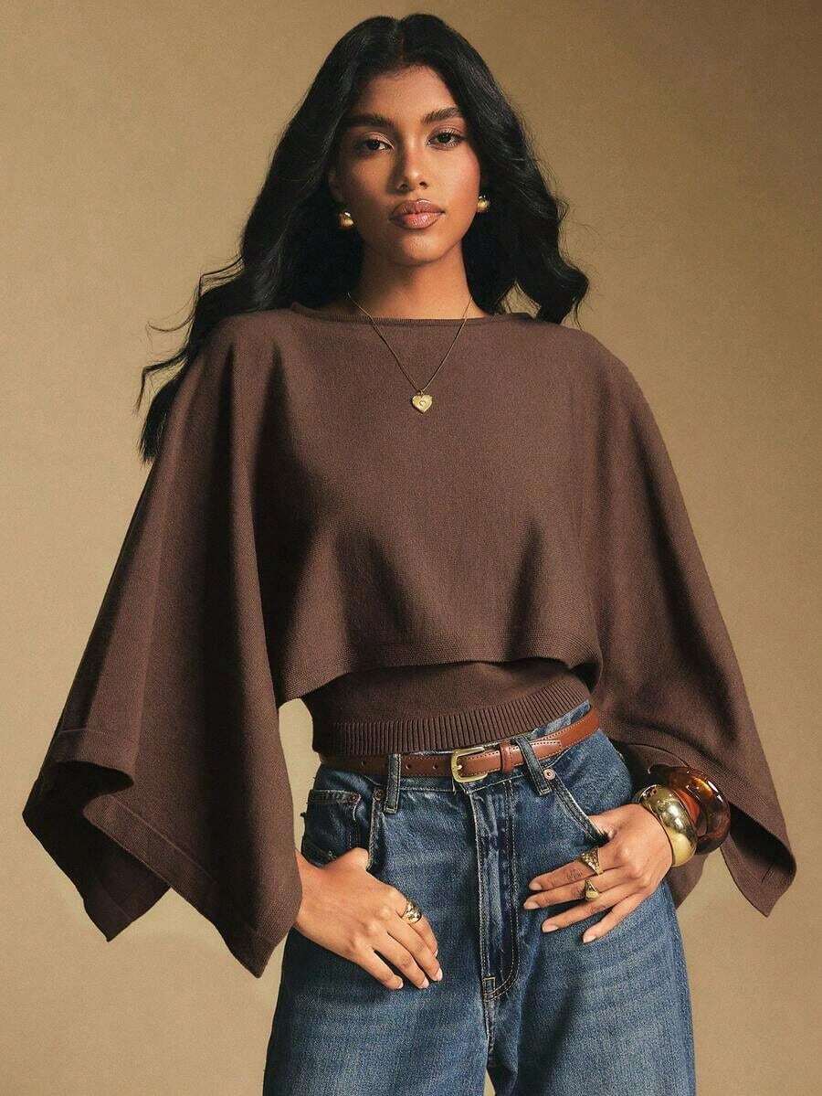 2026 Suéter de poncho de cuello redondo marrón para mujer, suéter elegante para mujer, informal para mujer, para Año Nuevo para mujer, adecuado para uso diario, salir, ir y venir en otoño/invierno, top de manga de murciélago, top marrón café, top marrón oscuro - Marrón - Ver 1