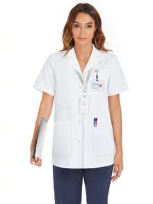 cimmuovere Bata de manga corta con cuello vuelto y frente abierta para mujer, uniforme de enfermera para dentista, atención médica, hospital veterinario, laboratorio, color blanco primaveral - Blanco - Ver 3