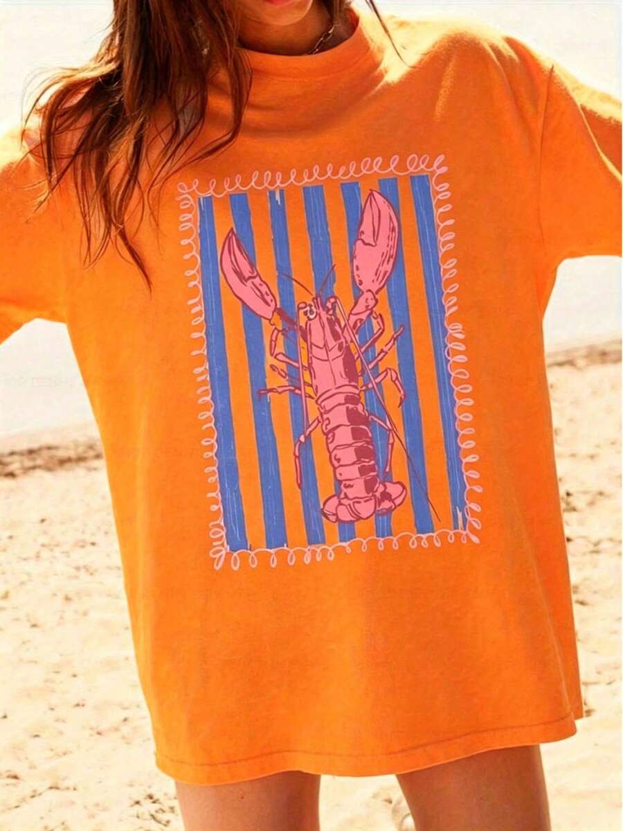 Graphic Women T‑Shirts,Orange Tee,Women'S Pink Lobster And Blue Striped T-Shirt | White Casual Summer Beach Wear, Vertical Stripes And Wave Print, Pin - 橘色 - 查看 1