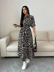 Vestido camisero de mujer con estampado de leopardo y flores, con lazo, abertura, manga larga convertible a manga corta - Gris Claro - Ver 5