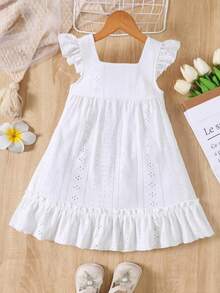 Young Girl Summer Casual Solid Color Square Neck Cap Sleeve Hollow Out Patchwork Fashion Dress - White - View 3