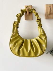 Mini Fashionable Solid Color Pleated Cloud Shaped Handbag, Crescent Shoulder Bag, Underarm Tote Bag, Commuter Bag, Spring/Summer - Mustard Yellow - View 2