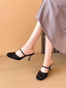 Xin Jing Shoes 女款優雅休閒性感派對細高跟鞋 時尚百搭圓頭網布通勤中跟涼鞋 - 黑色 - 查看 5