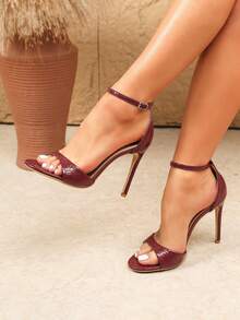 性感時尚露趾細高跟休閒百搭酒紅色女款高跟涼鞋 - 酒紅色 - 查看 1