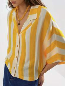 Relaxed Fit Striped Button-Down Shirt Carnation Pink - Yellow - View 6