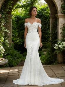 Elegant Sexy Lace Applique Off Shoulder Mermaid Wedding Dresses For Bride,Evening Party Dress Bridesmaid Dress Birthday Party Dress,Romantic Church Ceremony Wedding Dress,Suitable For Wedding,Dating,Party,Singles' Party,Vacation,Formal Occasions,Dinner Dress,Prom Dress,Homecoming Dress,Cocktail Party,Wedding Guest Dress,Graduation - 白色 - 查看 6