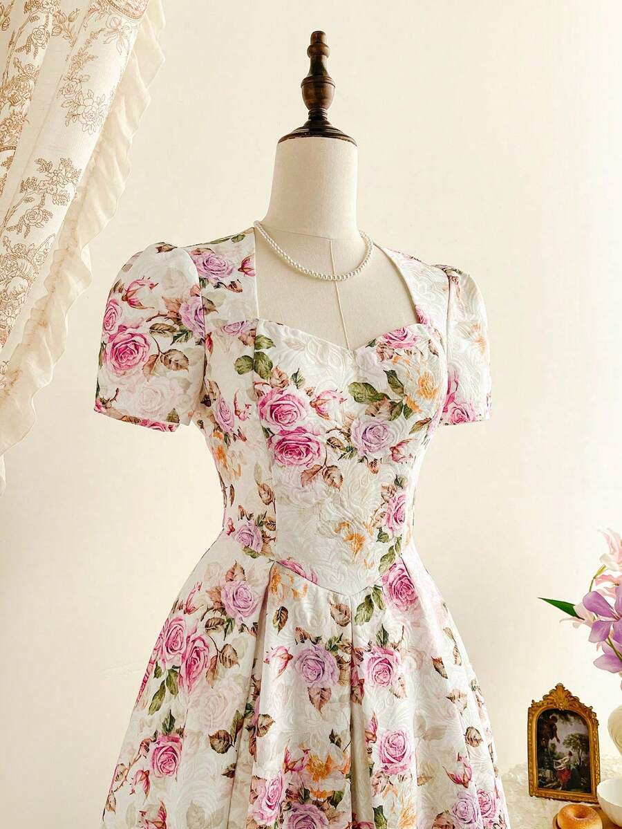 xheVintamour Vestido holgado y elegante de mujer vintage, de primavera/verano, con estampado floral, cuello cuadrado, mangas cortas, color rosa, con dobladillo en forma de paraguas, ropa de verano vintage, atuendo de festival, vestido largo maxi para mujer, vestido de graduación, vestido para boda y recepción de boda, vestidos de verano para mujer en color rosaxhe - Albaricoque - Ver 1