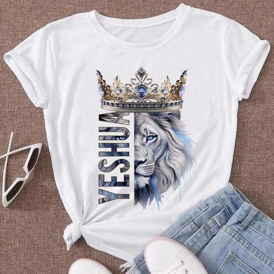 Unisex Short Sleeve Blouse, Plus Size, Neutral, 100% Cotton, Lion Print, Casual, Round Neck, Available In Brazil, 24h Shipping, Colors: Black And White - J2B - 查看 1