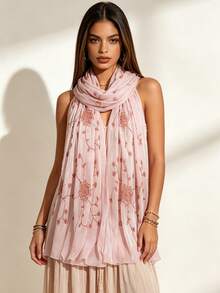 1pc High-End Starry Embroidered Shawl, Middle Eastern Muslim Headscarf, Wedding & Formal Event Accessory - Pink - View 6