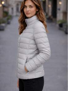 Women's Fleece-Lined Puffer Jacket Without Hood - Light Grey - View 3
