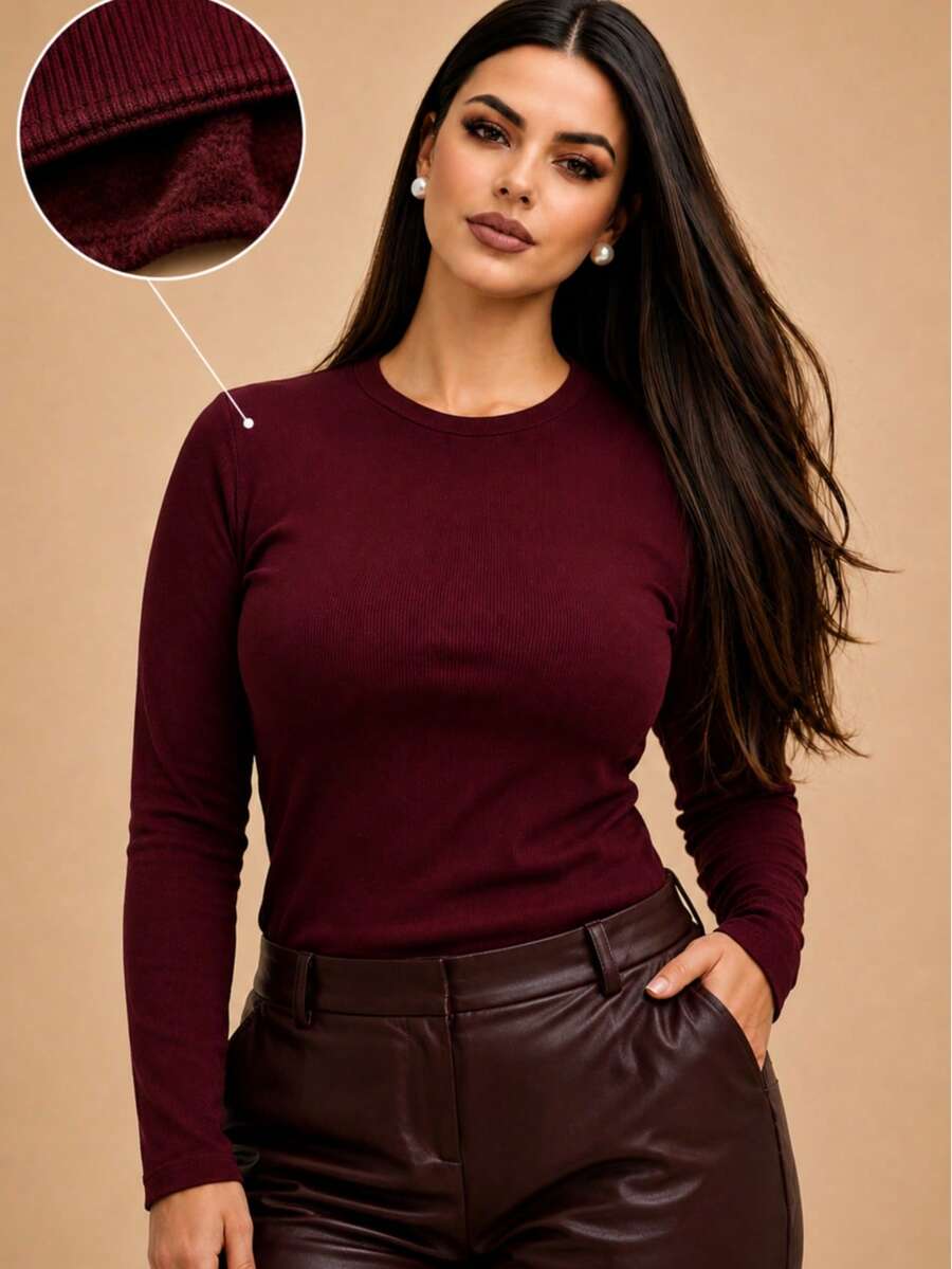 Long-Sleeved, Fleece-Lined, Ribbed Knit, Thermal, Flannel-Lined, Warm, Comfortable, Soft, Office, Festival, Fashion, Autumn And Winter 2026, Valentine's Day. - 紫紅色 - 查看 1