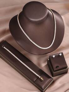 rakol 4pcs Luxury Cubic Zirconia Round Necklace, Bracelet, Earrings Jewelry Set, Suitable For Wedding, Formal Occasions - Round - View 9