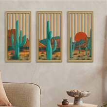 3 pièces Ensemble de décoration murale en bois plat 2D Saguaro Cactus - Art mural en bois creux de coucher de soleil désertique bohème, convient pour le salon, la chambre à coucher - Suspension murale en bois de cactus western vintage - 3 pièces - Voir 5
