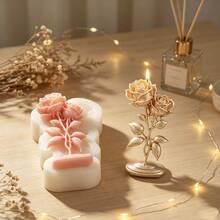 Molde de silicone em formato de rosa para velas, buquê duplo de rosas com suporte, ideal para fazer velas derretidas, sabonetes e resina. Perfeito para decoração e artesanato. - Flor rosa - Ver 5