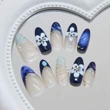 30Pcs Blue Flower Press On Nails Medium Almond French Tip Fake Nails With 3D Gold Starfish Pearls Designs Lily Flowers False Nails Blue Gradient Full Cover Cute Floral Acrylic Stick On Nails For Women - 法式印花 - 查看 4