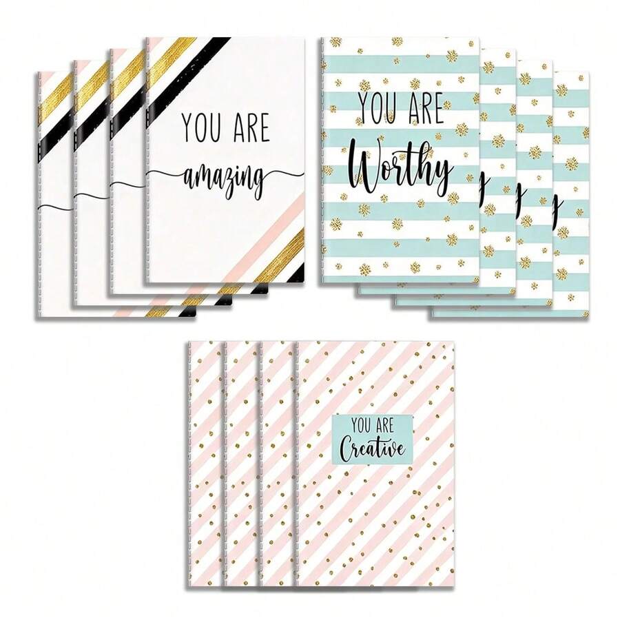 12 piezas de blocs de notas motivacionales de bolsillo de 3.2x5 pulgadas, diseño a rayas con acento dorado, mini cuadernos, para notas diarias de estudiantes, recompensas de aula y accesorios de escritorio, útiles escolares - minimalista - Ver 1