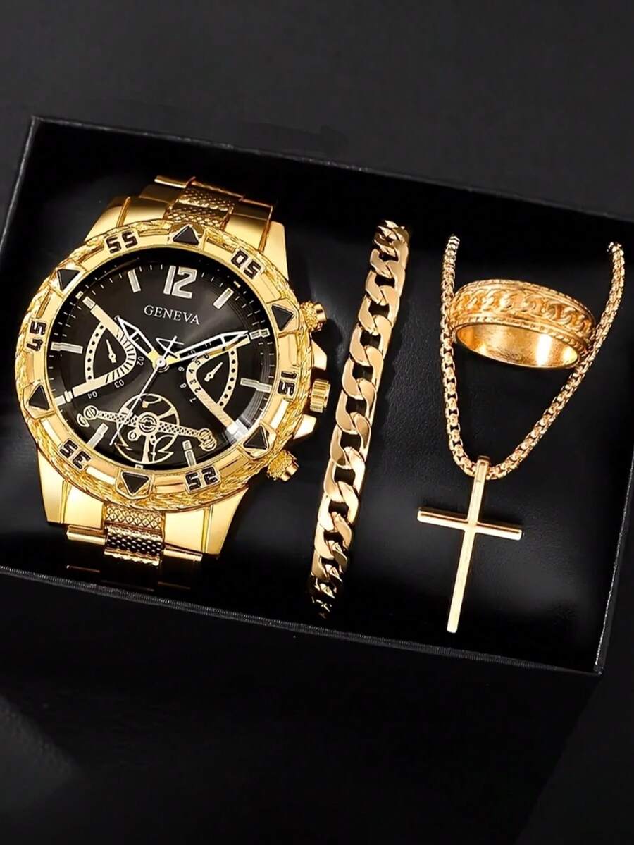 4pcs Men's Quartz Watch & Jewelry Set: Large Dial Watch, Bracelet, Cross Necklace And Ring, Suitable For Daily Wear Or As A Gift - Black - View 1