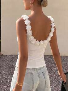 Women's Solid Color Ribbed Backless Applique Camisole, Suitable For Beach, Vacation, Daily Wear, Travel White Casual Summer - White - View 3