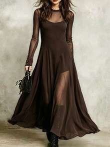 Elegant Women's Long Fitted Dress, Round Neck Design With Asymmetric Semi-Sheer Overlay, Perfect For Formal Spring/Summer Occasions - Coffee - View 1