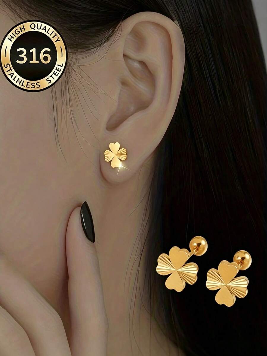 2只18K镀金不锈钢心形四叶草耳环 - 时尚优雅 - 适合女性日常佩戴、派对、婚礼、节日及送礼。 - 1 對 - 查看 1