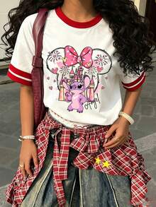 Women's Disney Lilo & Stitch Angel Castle & Hearts Print Ringer T-Shirt, Casual Everyday Crew Neck Tee - White - View 2