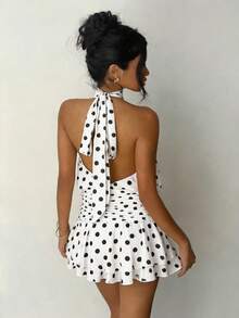 Women's White Polka Dot Spaghetti Strap Mini Dress, Sleeveless High Waist Ruffle Hem A-Line Dress For Party & Holiday Wear Wedding - White - View 2