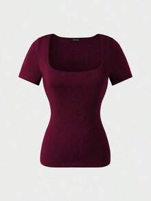 Blusa de manga corta y cuello redondo casual y elegante, adecuada para uso diario, ir al trabajo y salir, primavera/verano - color ciruela - Ver 6
