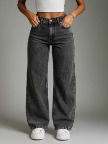 Calça wide leg jeans  pantalona feminina - grafite - Visão 3