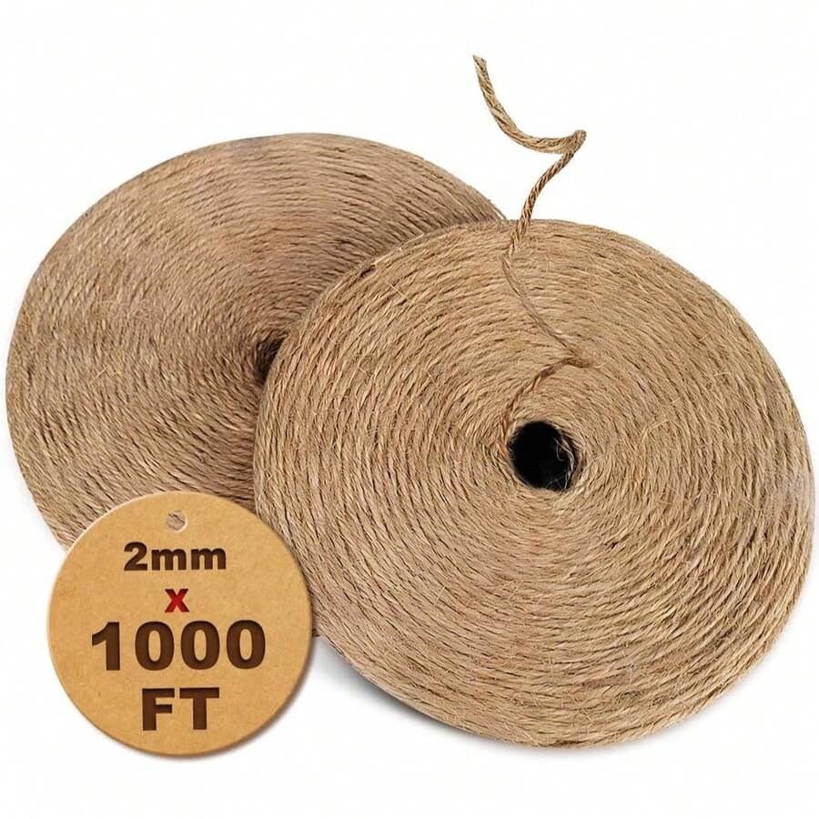 1000FT Natural Jute Twine String Bulk Hemp Rope Cord For Crafts Gardening Gift Wrapping Wedding Décor Packing Material Burlap Ribbon Christmas Knitting Macrame Decoration (Brown 2mm* 1000ft) - A - View 1
