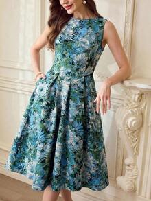 Vestido de mujer elegante y clásico vintage, vestido de jacquard ajustado para primavera/verano, vestido de cuello barco, vestido floral rosa sobre base albaricoque, vestido con flores de rosa, vestido de vuelo de longitud media - Azul - Ver 7