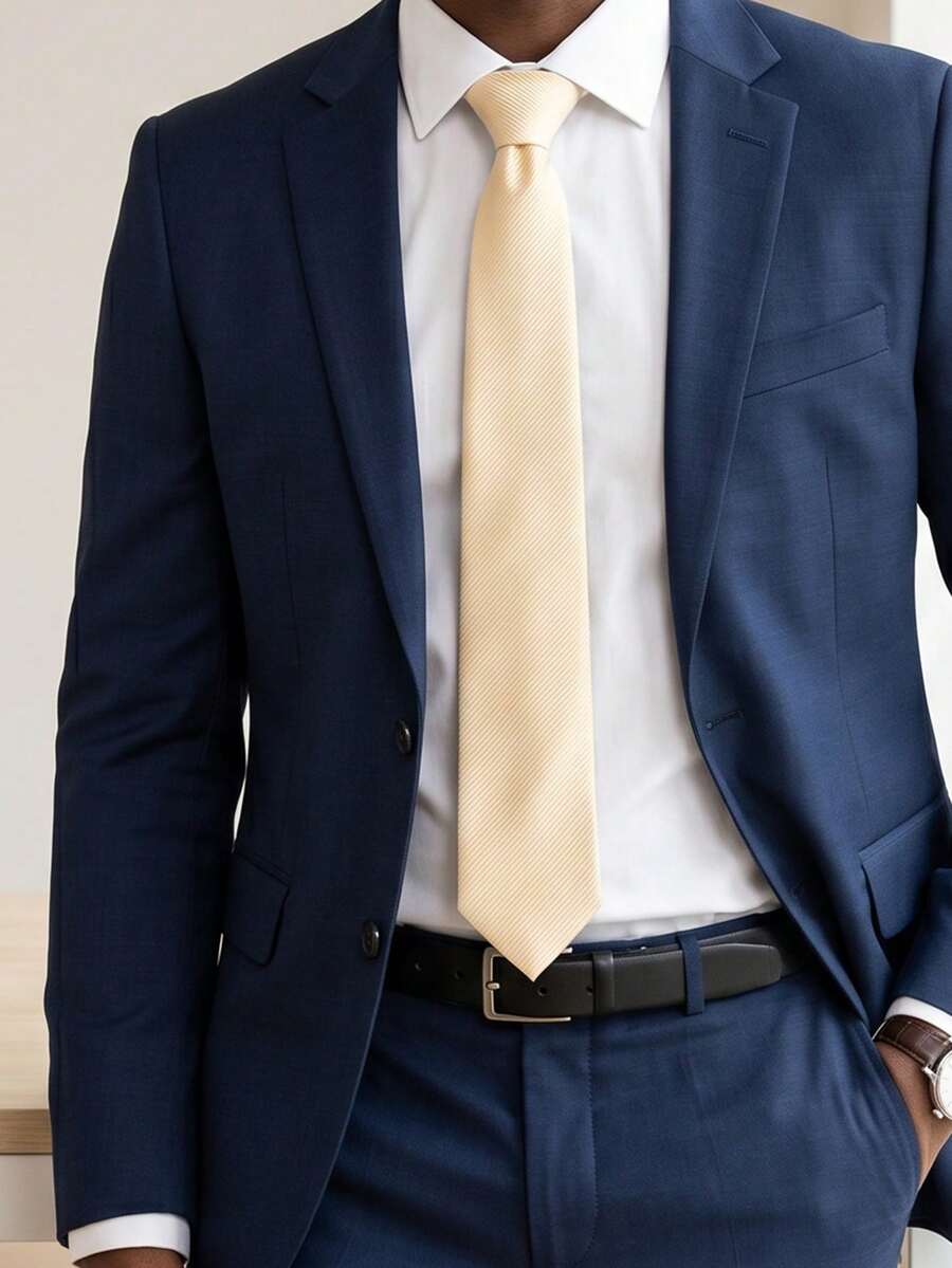 1件裝男士時尚純色米色免打結加厚多用途領帶,適合商務、派對、日常穿著與約會 - 米色 - 查看 1