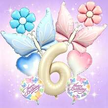 Conjunto de globos con temática de mariposas soñadoras, incluye globos con números en blanco lechoso, globos de mariposas en degradado rosa y azul, globos de margaritas, globos de corazones en degradado, adecuado como regalo sorpresa para niños y niñas, fiesta de cumpleaños con tema de hadas, reunión lúdica entre padres e hijos, decoración de habitación femenina, celebración o fiesta del centésimo día del bebé, creando una atmósfera de fiesta inspirada en cuentos de hadas, alegre, suave y enérgica - Ver 9