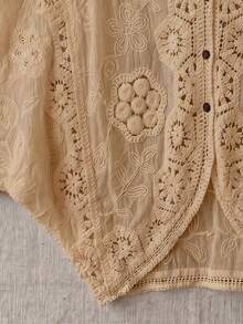 波希米亞風V領刺繡罩衫 - 夏季海灘度假寬鬆和服風罩衫，附花卉蕾絲細節 - 卡其色 - 查看 10