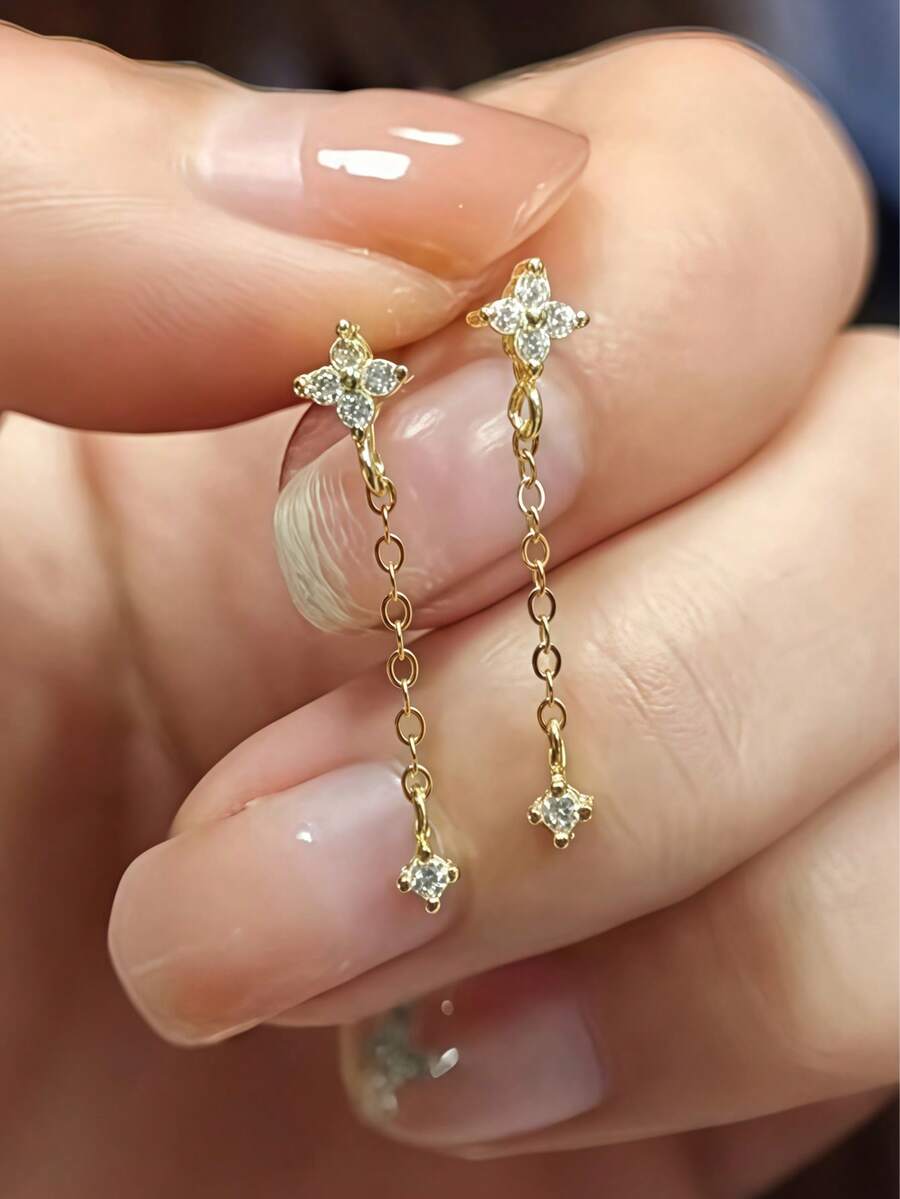 Anting-anting Rumbai Berlian Imitasi Bentuk Daun Semanggi Empat Kelopak - Anting Rumbai - View 1