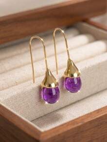 1 Pasang Anting-Anting Vintage Ungu Berbentuk Tetesan Air Mata, Anting-Anting Desain Unik dan Elegan untuk Wanita - Purple - View 6