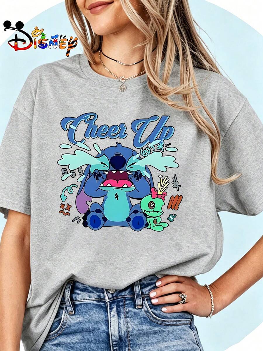Breathable Cotton Disney Fan Tee | "Sad Stitch With Scrump Doll" Lilo & Stitch Graphic Print | Funny Mood-Themed Pullover Shirt - Grey - View 1