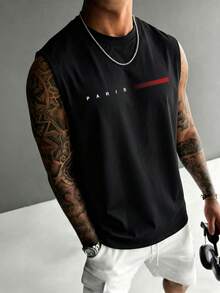 Men's Fashionable Versatile Minimalist Printed Round Neck Tank Top, Summer - Black - View 1