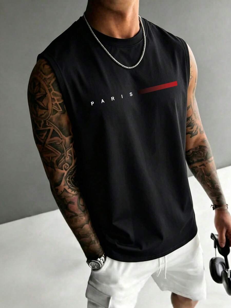 Men's Fashionable Versatile Minimalist Printed Round Neck Tank Top, Summer - Black - View 1