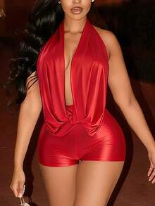 Women's Summer Club Outfits Backless Rompers Rave Date Night Twist Knot Halter Shorts Party Jumpsuits - Rojo - Ver 3