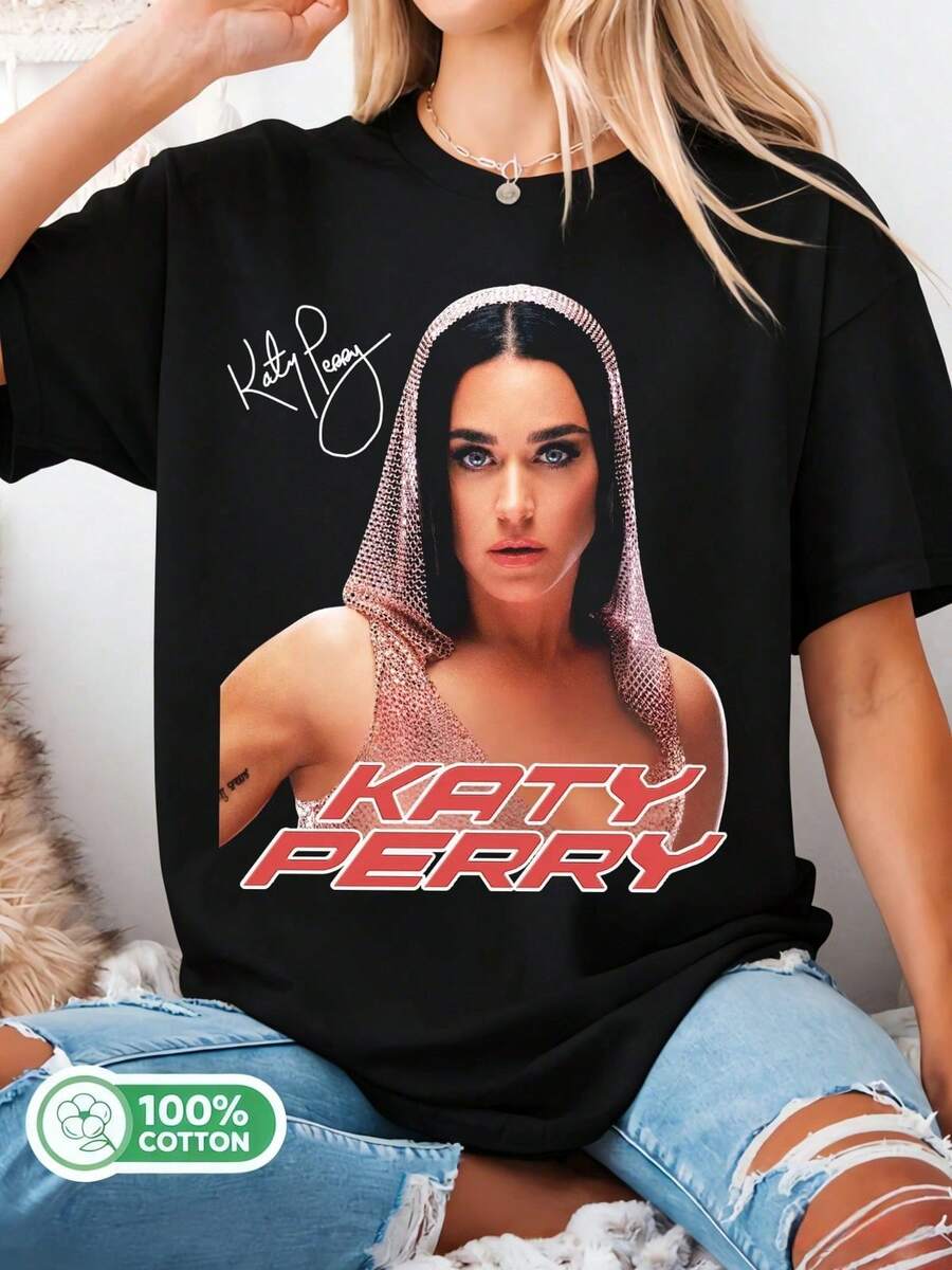 Vintage KKaty Perry Signature Graphic T-Shirt, Oversized Black Retro Pop Star Style Tee For Fans. - Black - View 1
