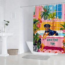1件裝 Wash Your Paws 羅特威勒犬浴缸熱帶植物印花防水浴簾，防霉聚酯纖維浴室隔簾附掛鉤，趣味寵物狗愛好者浴室居家裝飾 - M - 查看 4