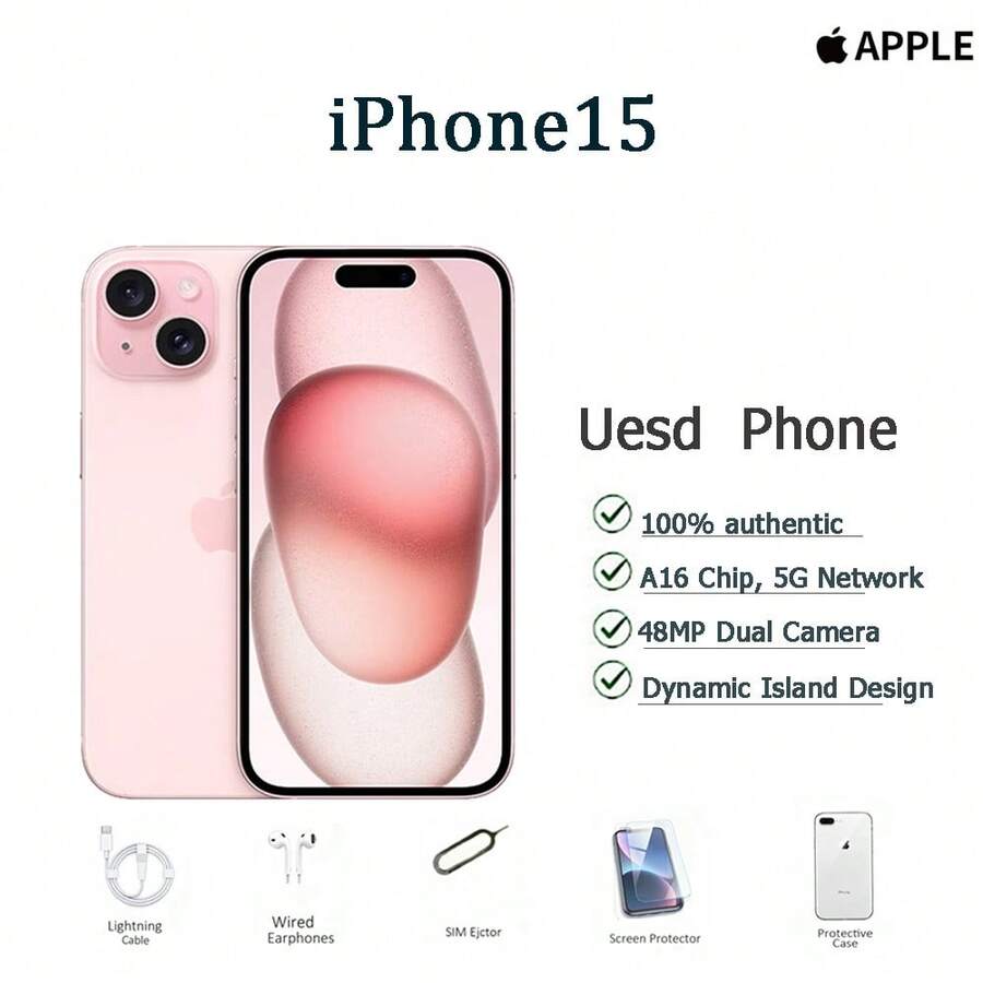 Apple 二手苹果 iPhone 15 OLED 平面屏幕,6.1 英寸,128/256GB,成色良好,双卡双待,运行流畅,轻巧便携,适合健身房和运动时作为备用手机使用,可播放音乐。 - 粉色 - 查看 1