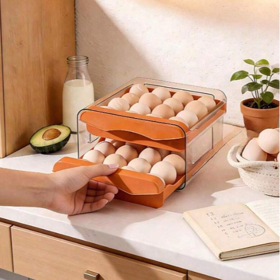 32-Grid Double-Layer Drawer-Type Transparent Fresh-Keeping Egg Box Stackable Egg Holder Storage Box For Home Refrigerator,Egg Container For Refrigerator, Household Egg Holder With Time Memory, Transparent 2 Drawers Chicken Egg Storage Container, - Multicolor - View 1
