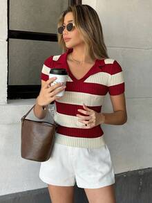 Blusa de verano de manga corta con cuello polo de punto a rayas en contraste, estilo de calle francés - Rojo - Ver 2