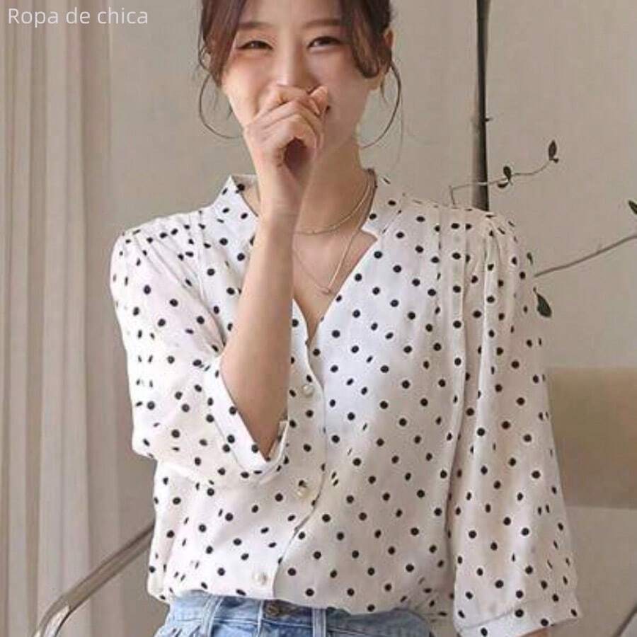Women's fashion Blusa casual elegante con cuello en V y estampado de lunares para mujer, top de manga larga con volantes - Blanco - Ver 1